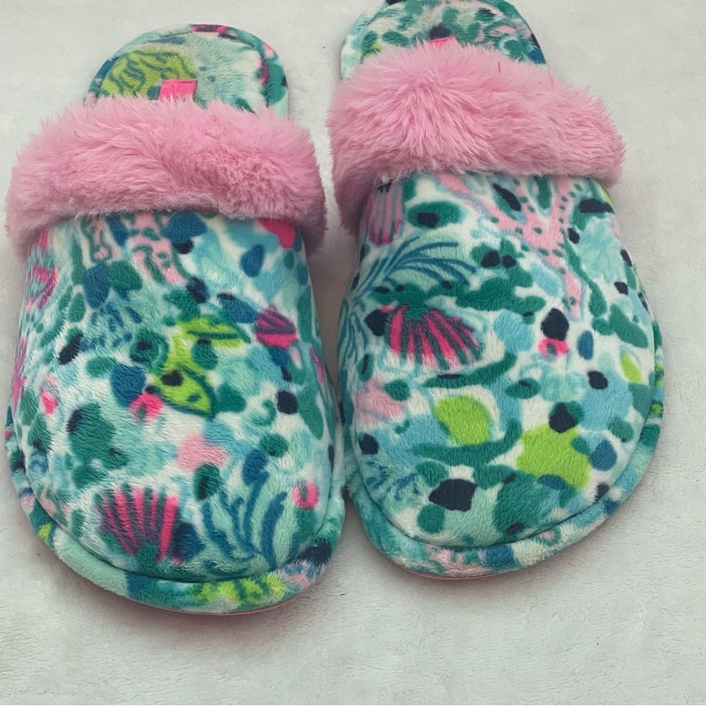 Lilly Pulitzer Colorful Fuzzy Slippers with Pink Fur Trim